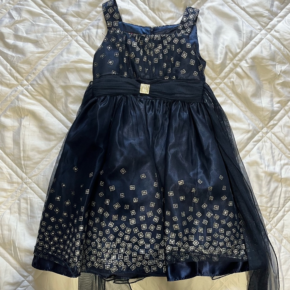 Girls size 7 Dress. Dark blue with silver and rhinestone accents.
